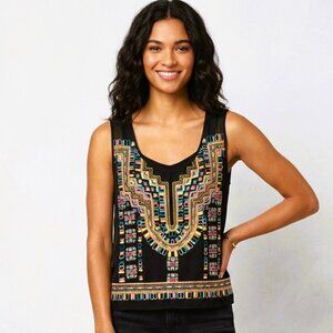 BCBGMAXAZRIA Runway Embroidered Tank Top Black Neon Geometric - S
